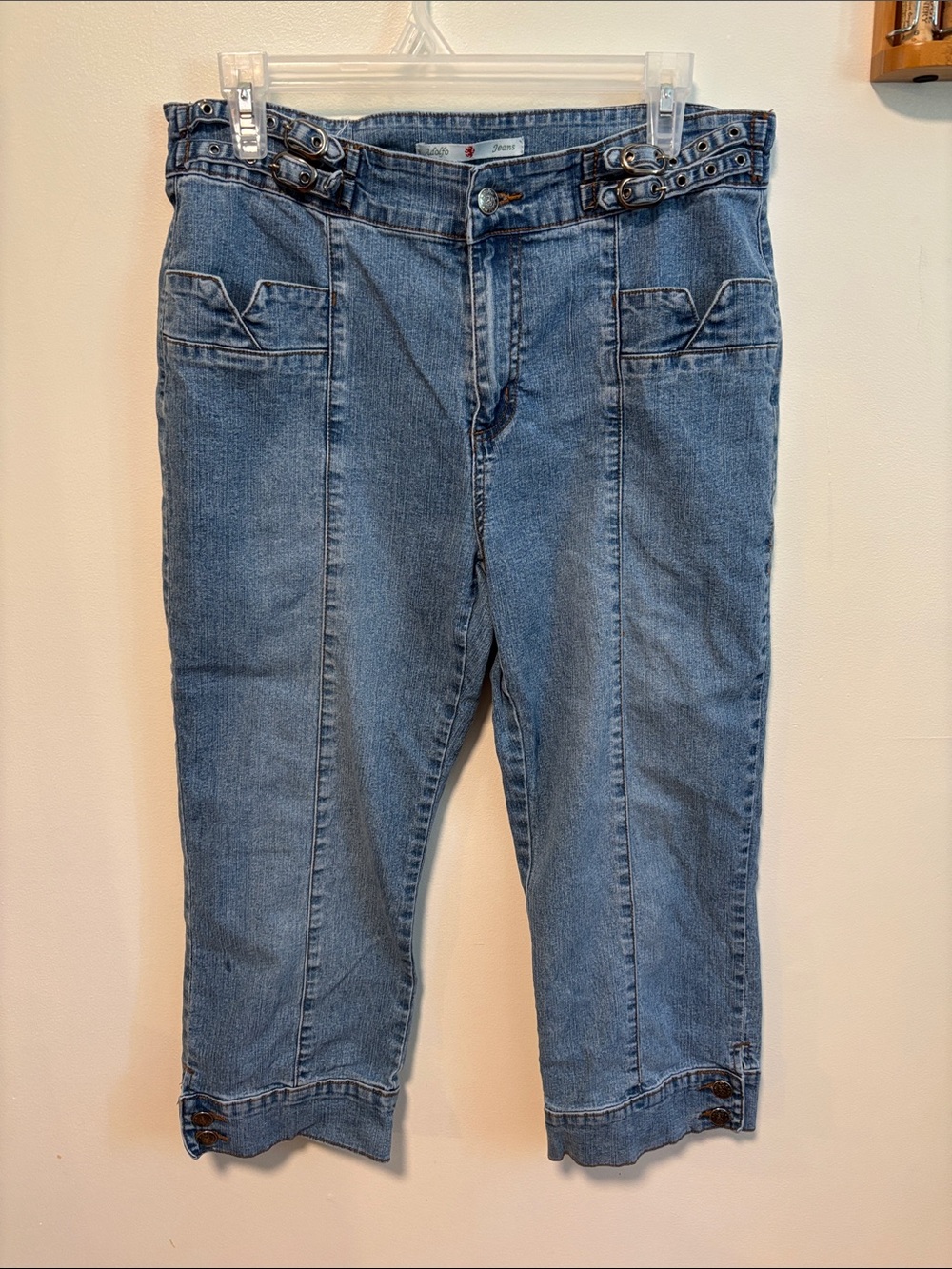 Adolfo Blue Cropped Buckle-Accent Jeans